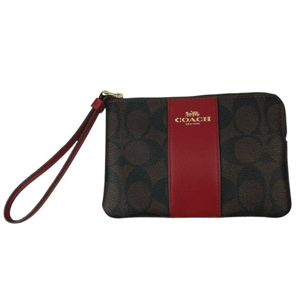 NEW Coach Brown Red Corner Zip Signature Canvas Wristlet Purse Wallet Small - Picture 1 of 4